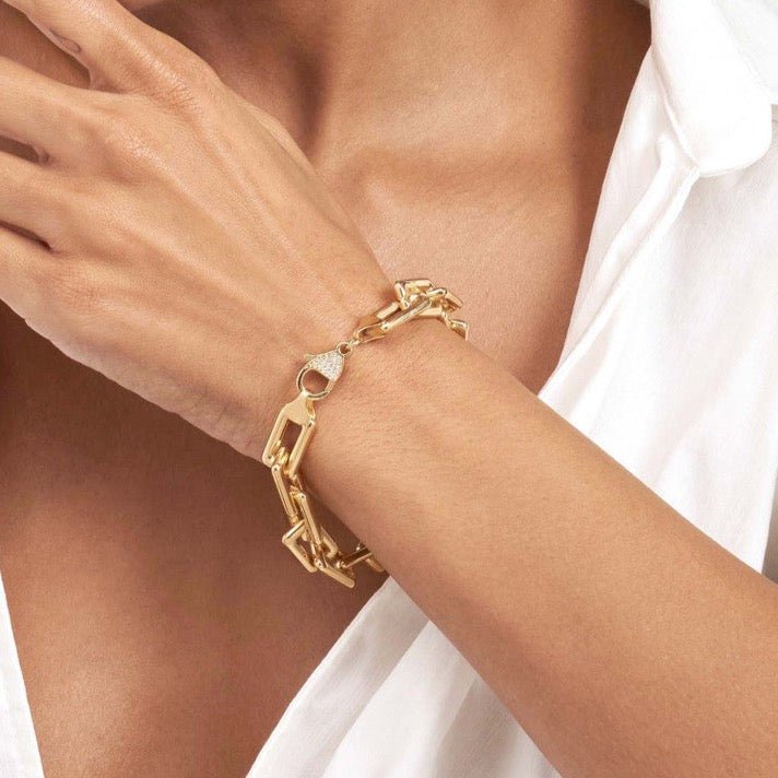 14K Gold Thick Squared Paper Clip Bracelet with Diamond Lock
