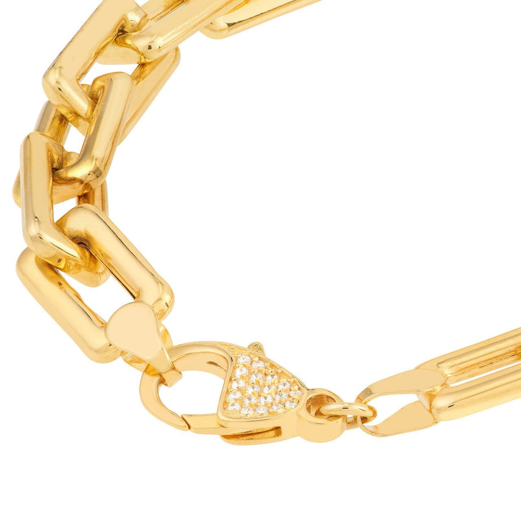 14K Gold Thick Squared Paper Clip Bracelet with Diamond Lock