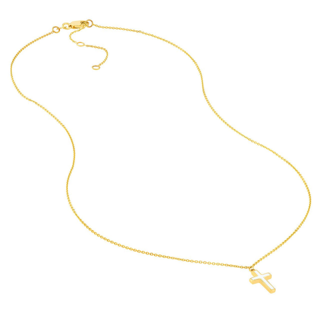 14K Gold White Enamel Cross Pendant Necklace