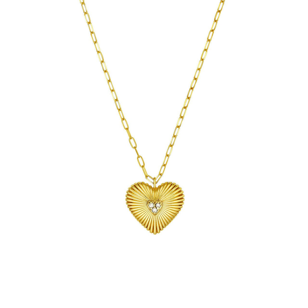 14K Gold Fluted Diamond Three Stone Heart Pendant Necklace