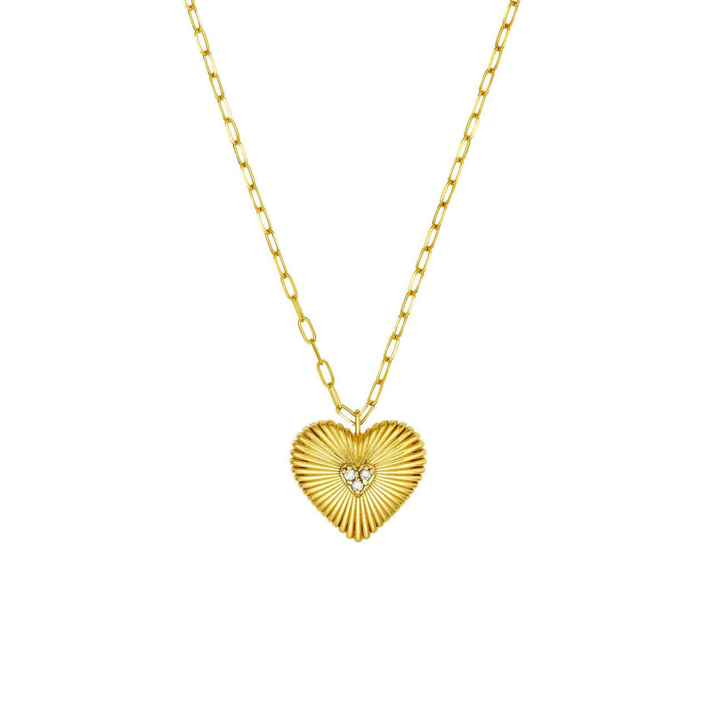 14K Gold Fluted Diamond Three Stone Heart Pendant Necklace