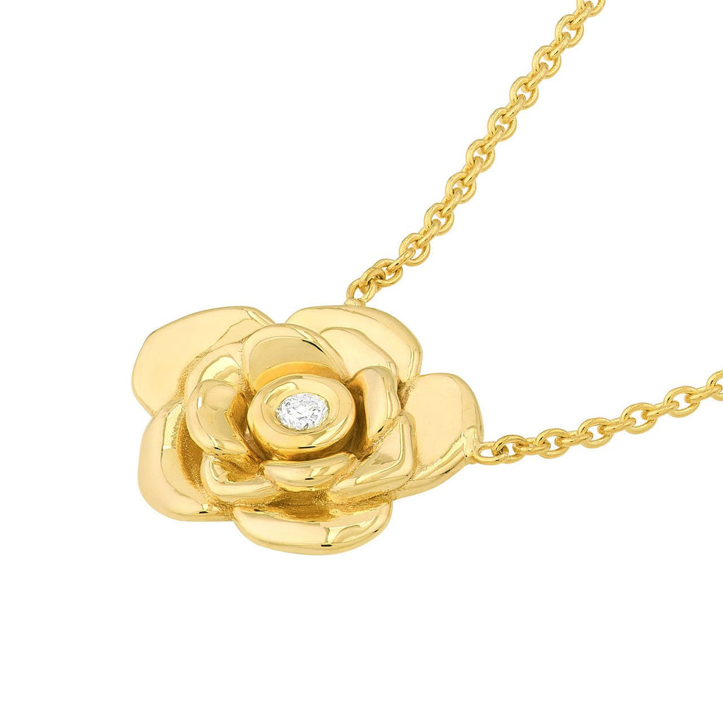 14K Gold Diamond Rose Pendant Necklace