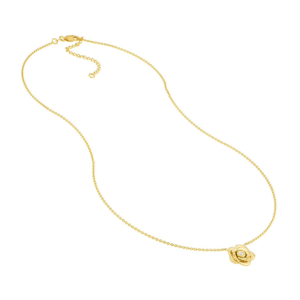 14K Gold Diamond Rose Pendant Necklace