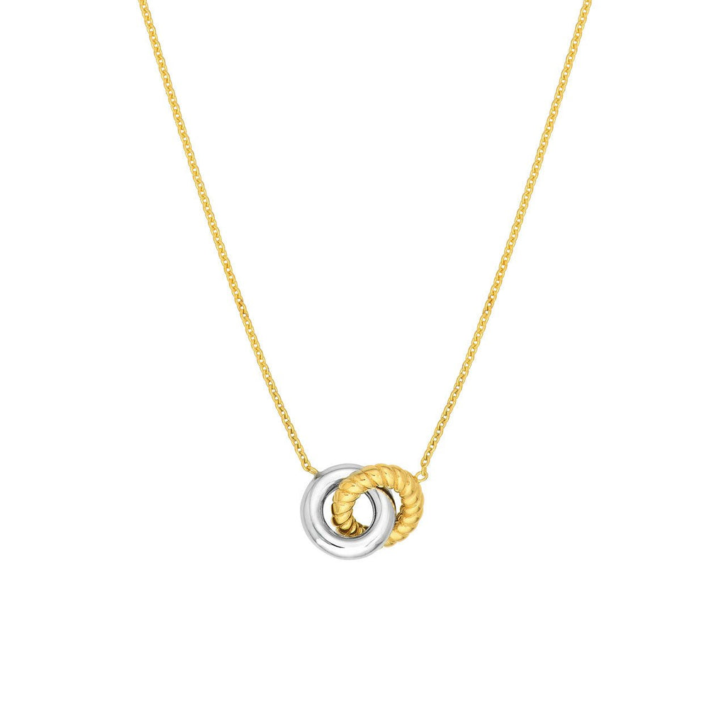 14K Two Tone Gold Interlocking Ring Pendant Necklace