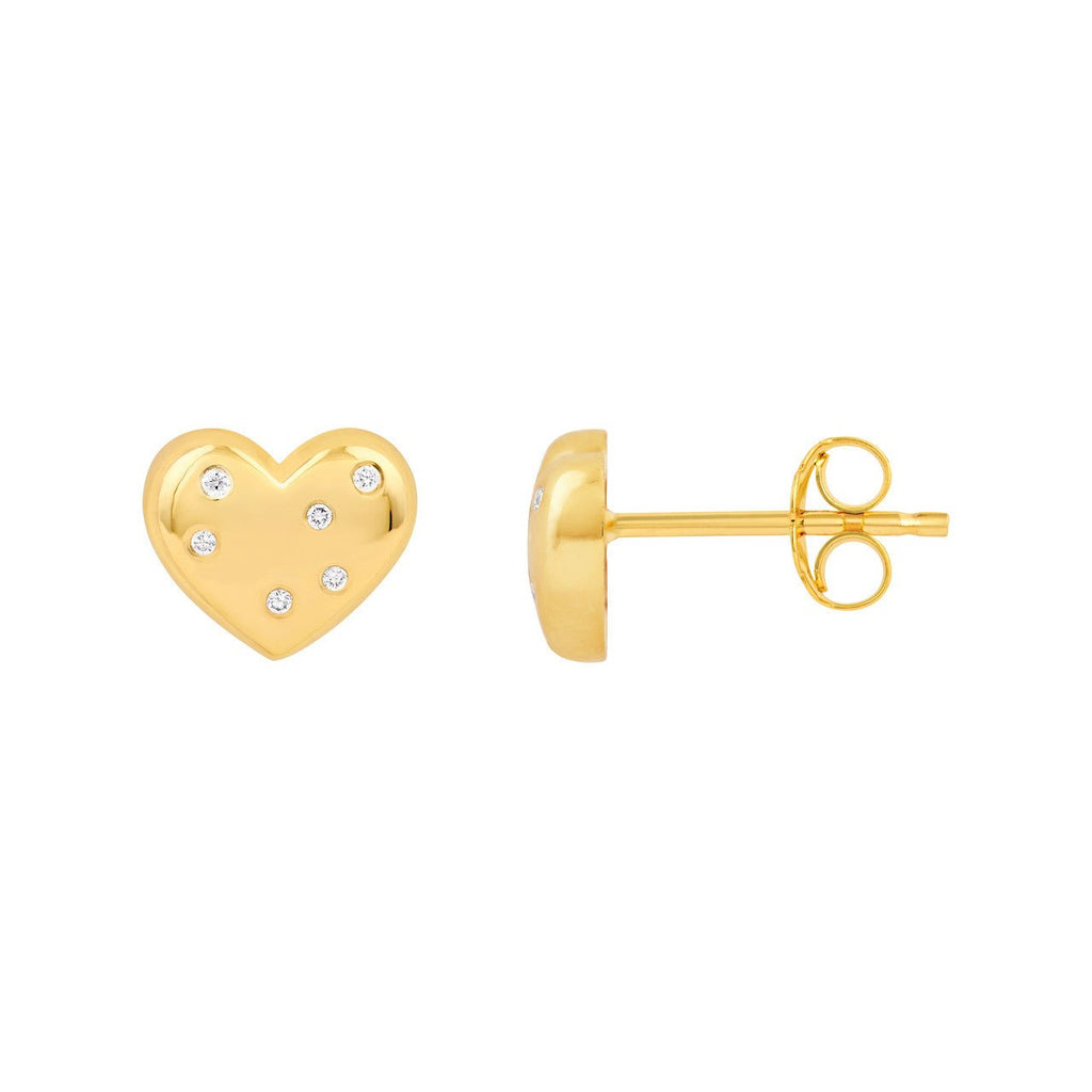 14K Gold Scattered Diamond Heart Stud Earrings