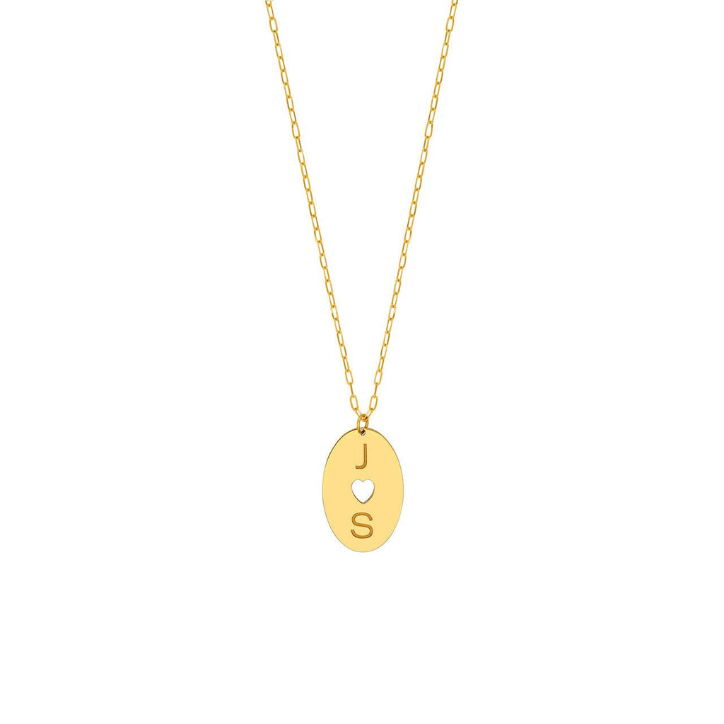 14K Gold Cutout Heart Two Initial Disk Pendant Necklace