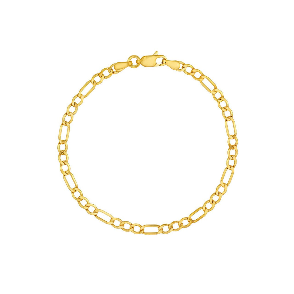 14K Gold 3.60MM Hollow Diamond Cut Figaro Chain Bracelet