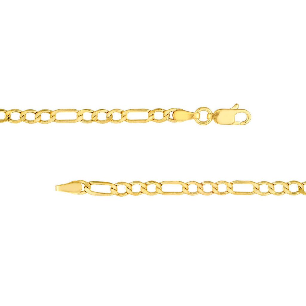 14K Gold 3.60MM Hollow Diamond Cut Figaro Chain Bracelet