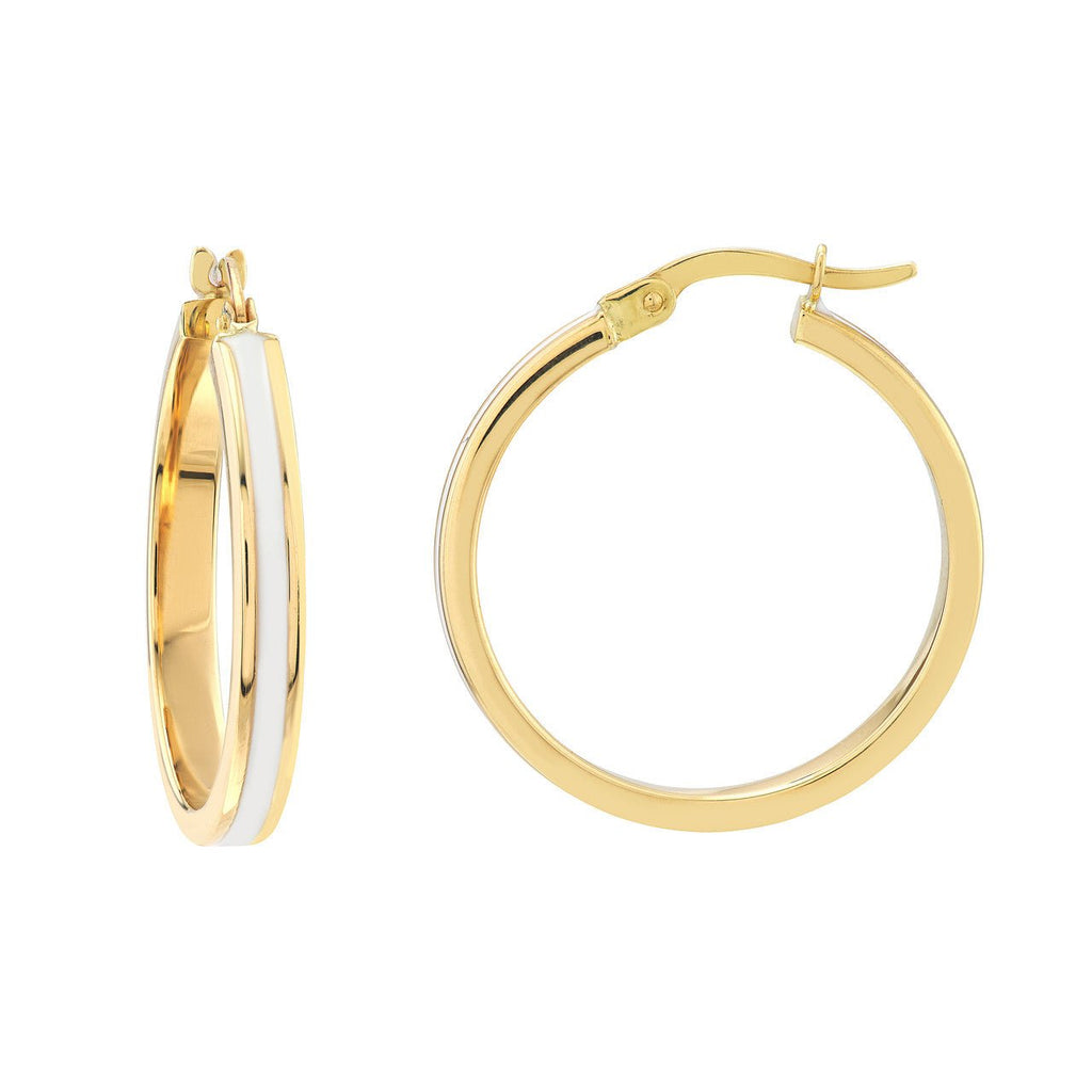 14K Gold White Enamel Hoop Earring