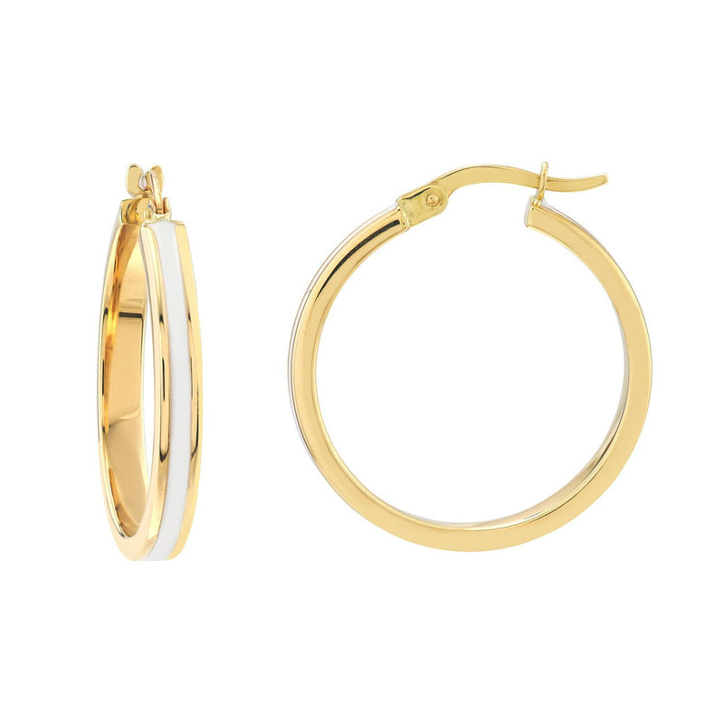 14K Gold White Enamel Hoop Earring
