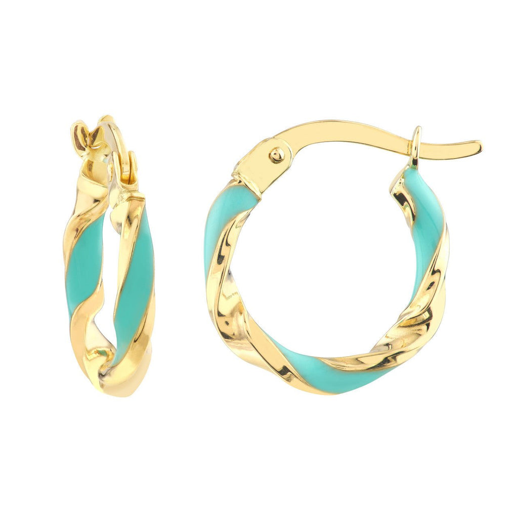 14K Gold Twisted Turquoise Enamel Hoop Earrings
