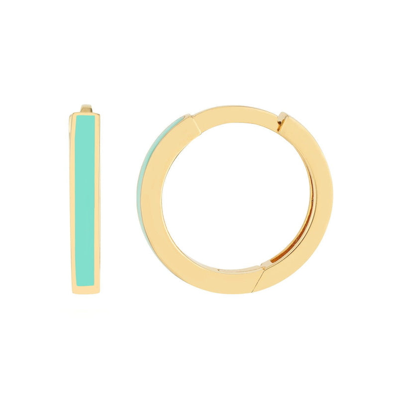 14K Gold Turquoise Enamel Huggie Earrings