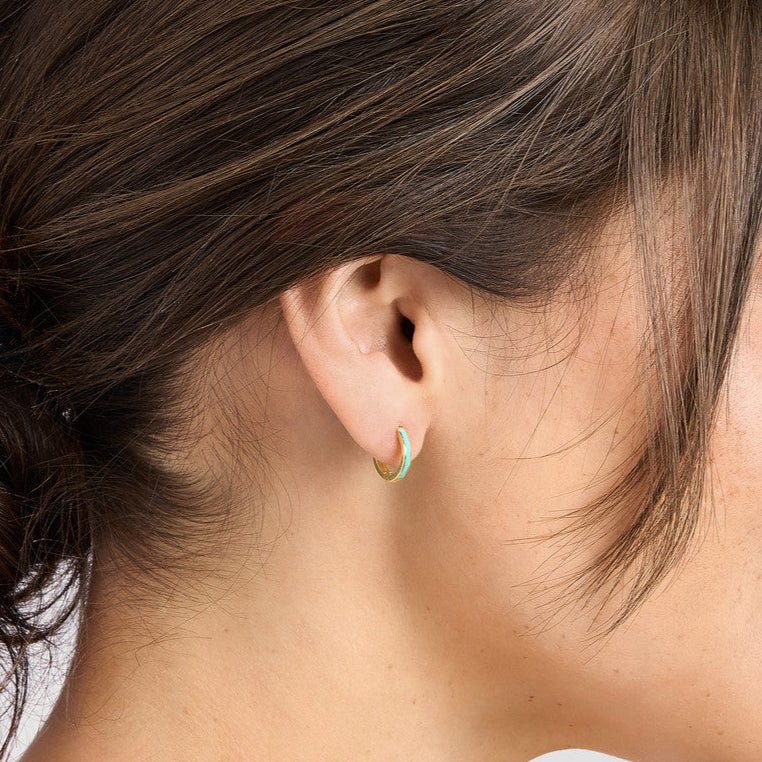 14K Gold Turquoise Enamel Huggie Earrings