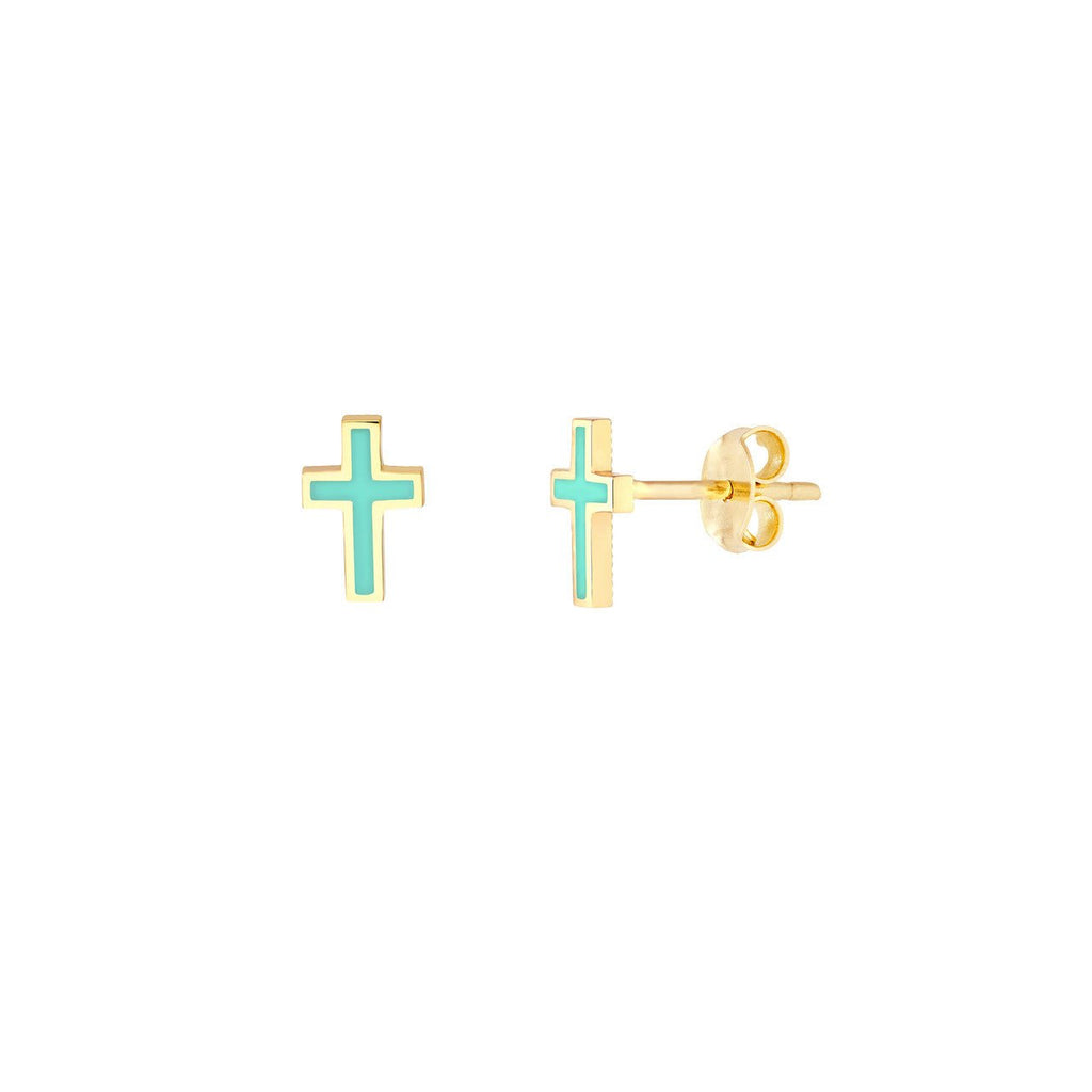 14K Gold Turquoise Enamel Cross Stud Earrings