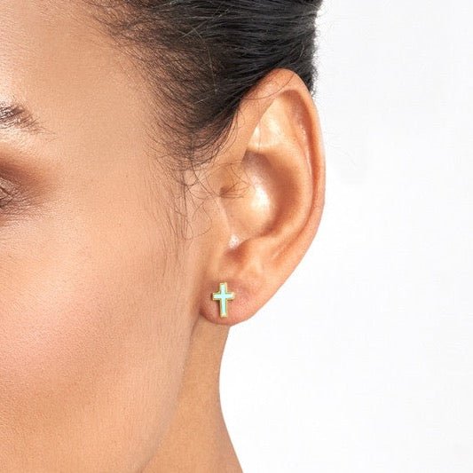 14K Gold Turquoise Enamel Cross Stud Earrings