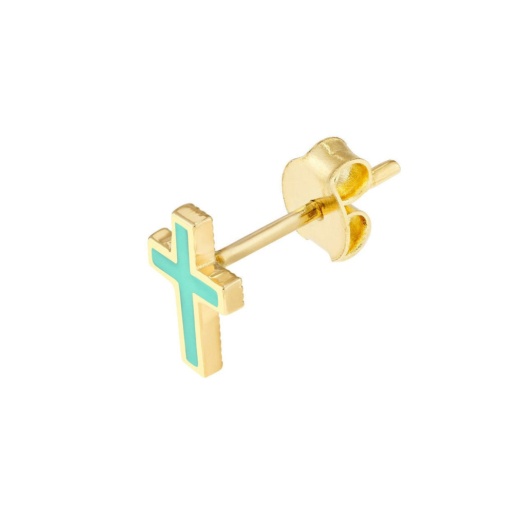 14K Gold Turquoise Enamel Cross Stud Earrings