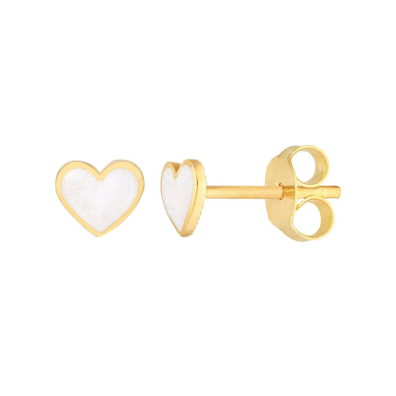 14K Gold White Enamel Heart Stud Earrings