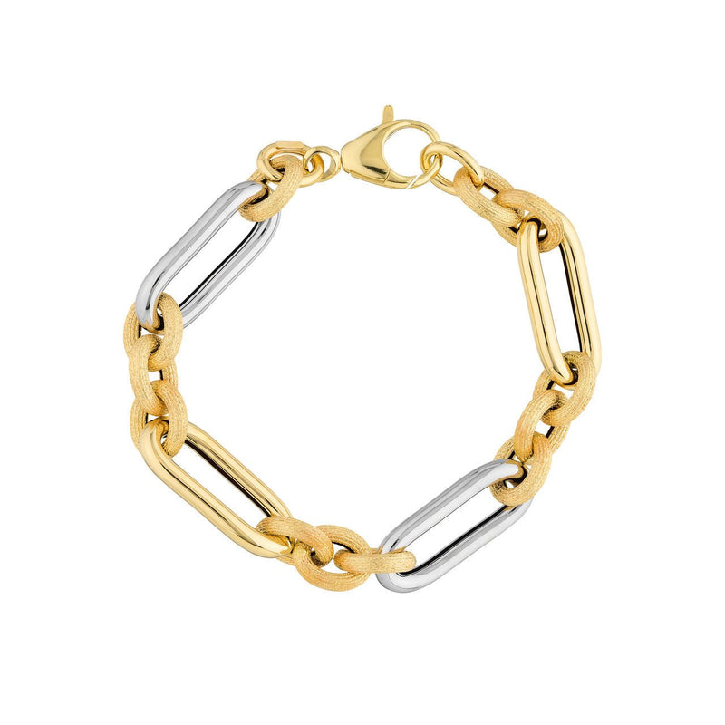 14K Two Tone 3+1 Brush Polished Paper Clip Chain Bracelet