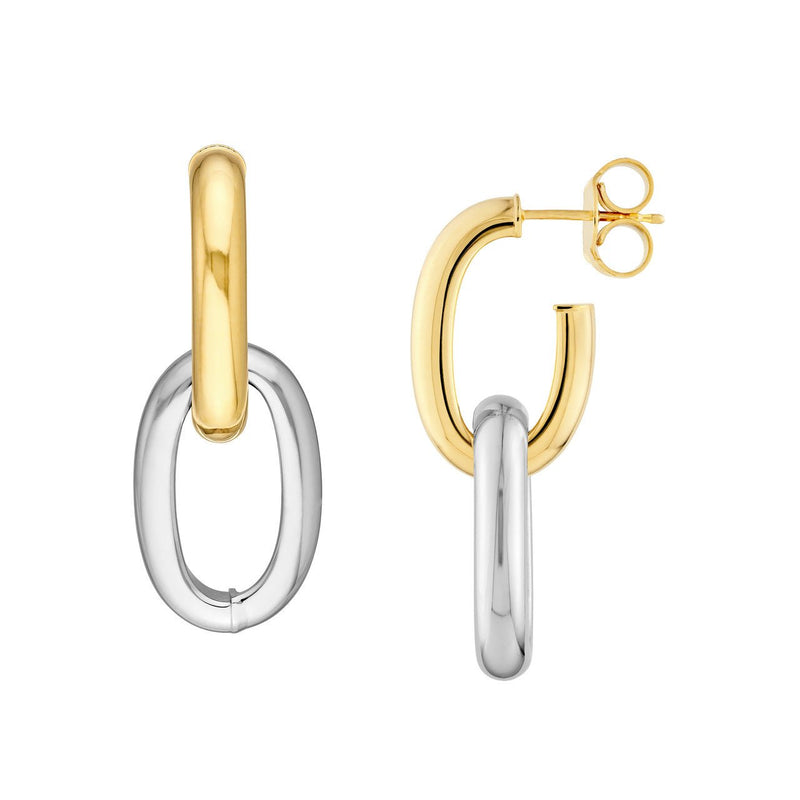 14K Two-Tone Gold Oval Dangle Hoop Earrings