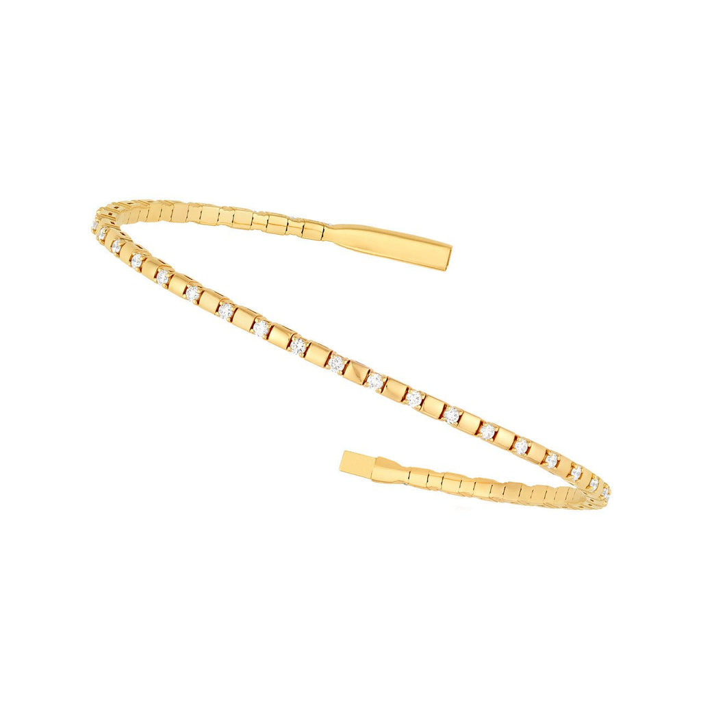 14K Gold 0.90 Carat Alternating Diamond and Ribbed Flexible Square Bangle