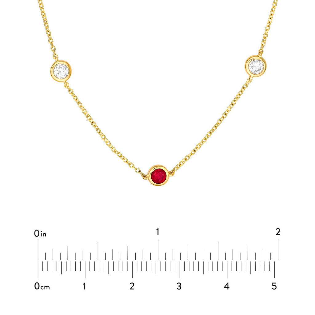 14K Gold Diamond and Ruby Station Bezel Necklace