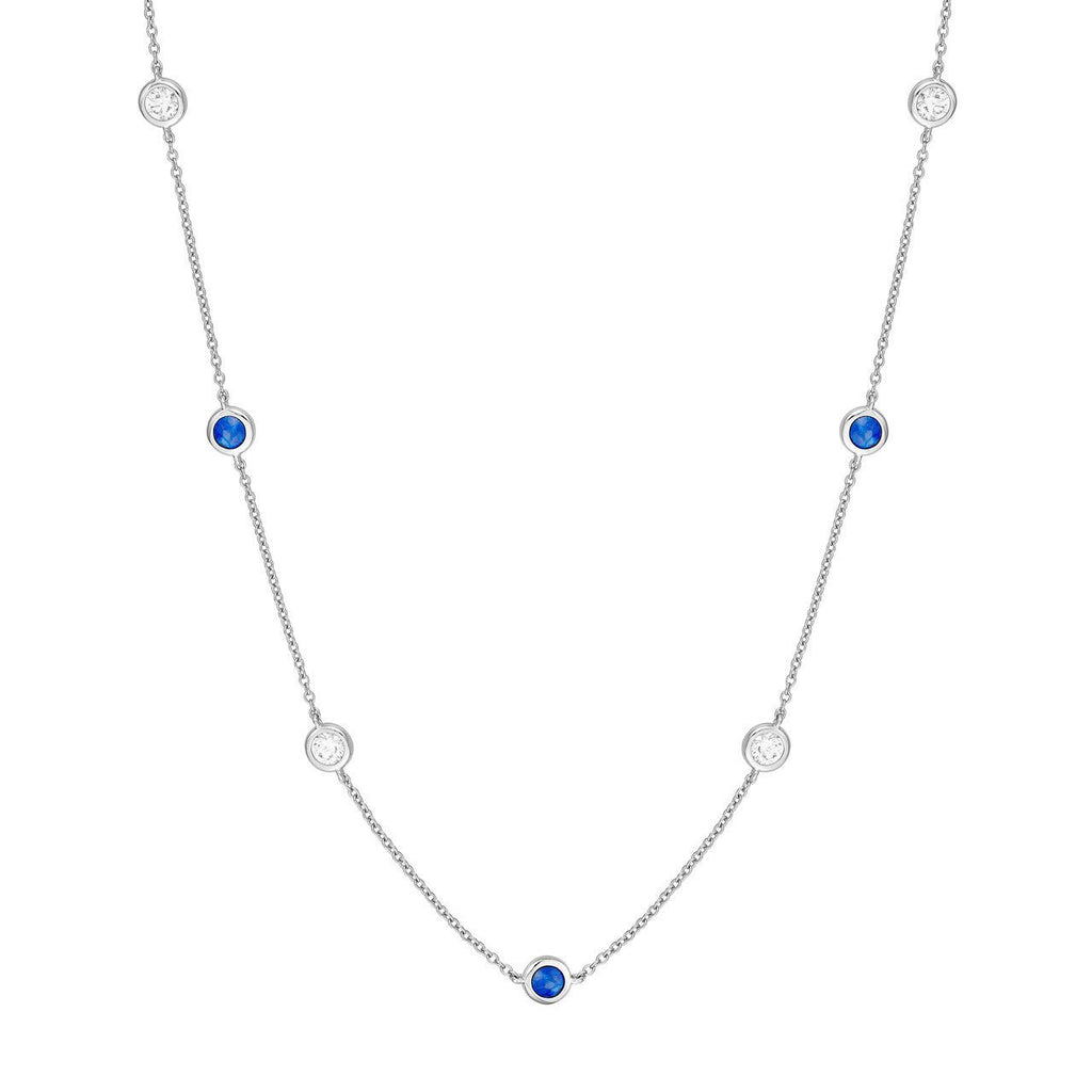 14K Gold Diamond and Sapphire Station Bezel Necklace