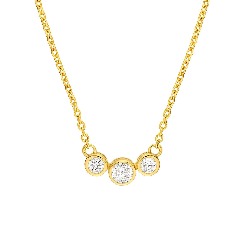 14K Gold Three Stone Bezel Pendant Necklace