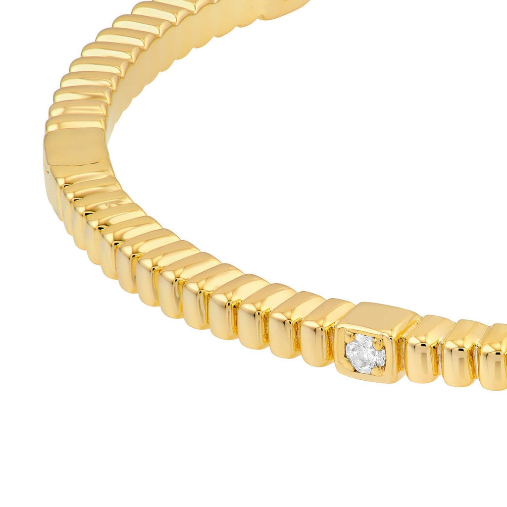 14K Gold Ribbed Diamond Station Bangle