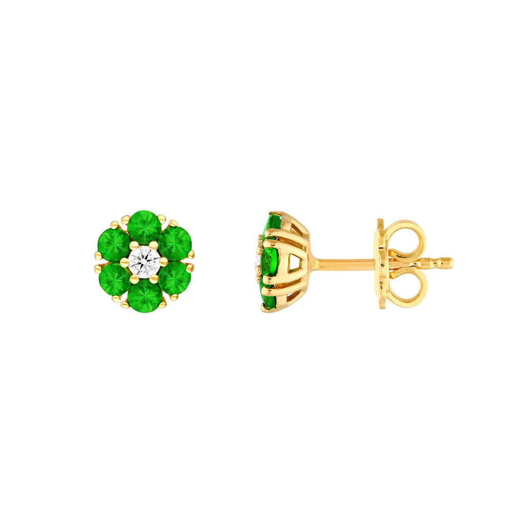 14K Gold Tsavorite and Diamond Flower Cluster Stud Earrings