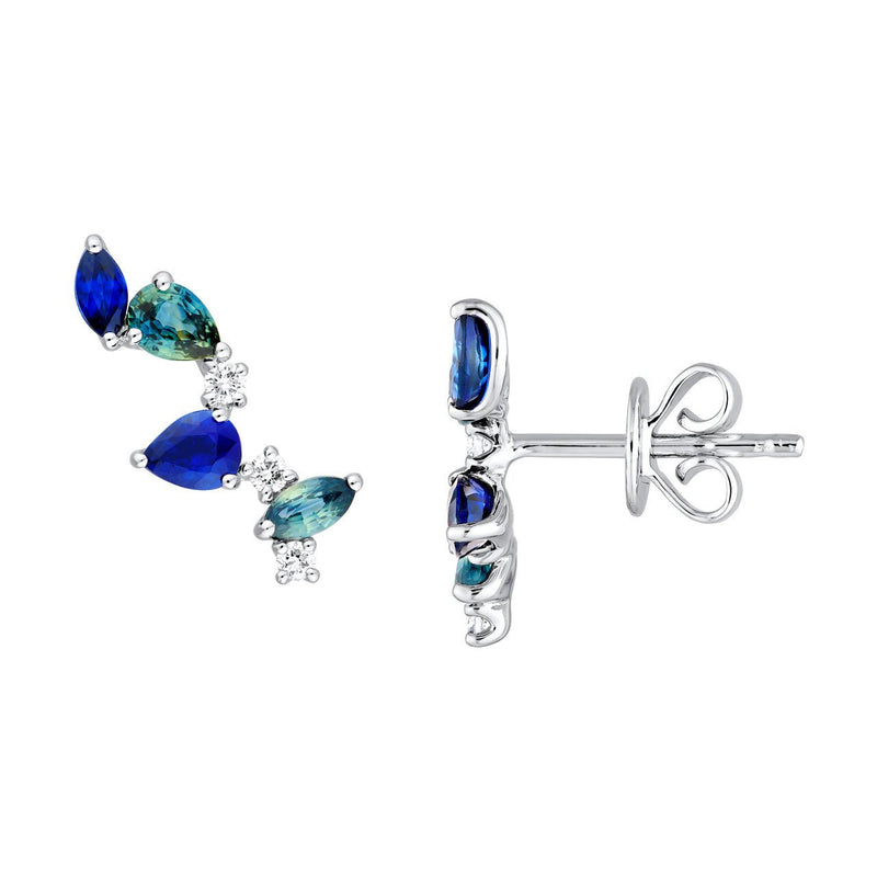 14K Gold Teal and Blue Sapphire Blossom Stud Earrings