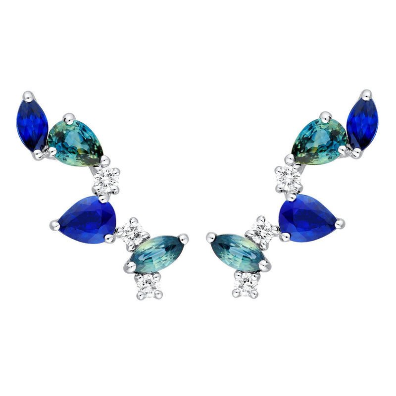 14K Gold Teal and Blue Sapphire Blossom Stud Earrings