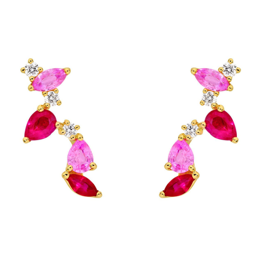 14K Gold Pink Sapphire and Ruby Blossom Stud Earrings