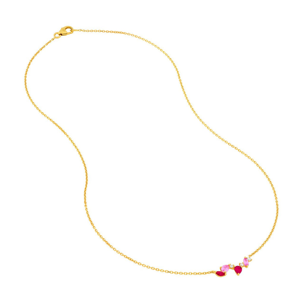14K Gold Pink Sapphire and Ruby Blossom Necklace
