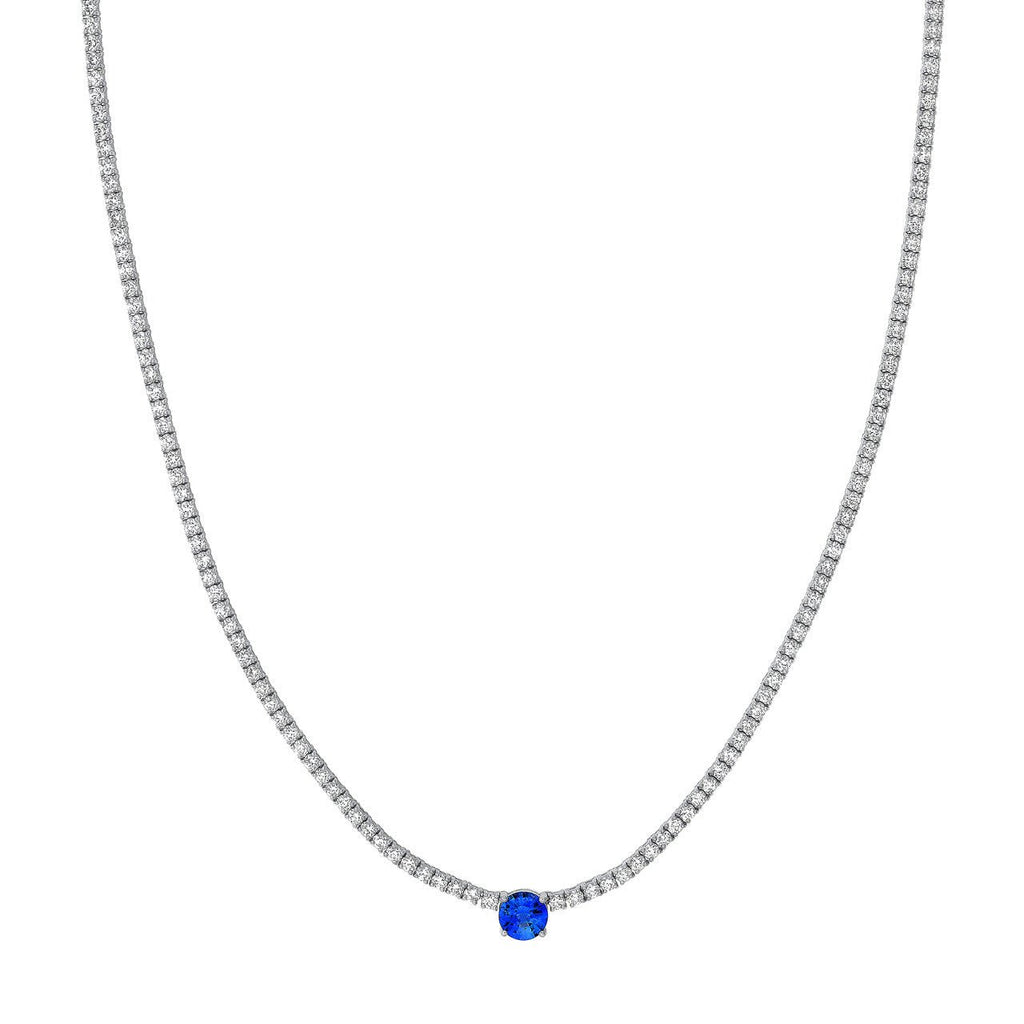14K Gold Round Sapphire Pendant Diamond Tennis Necklace