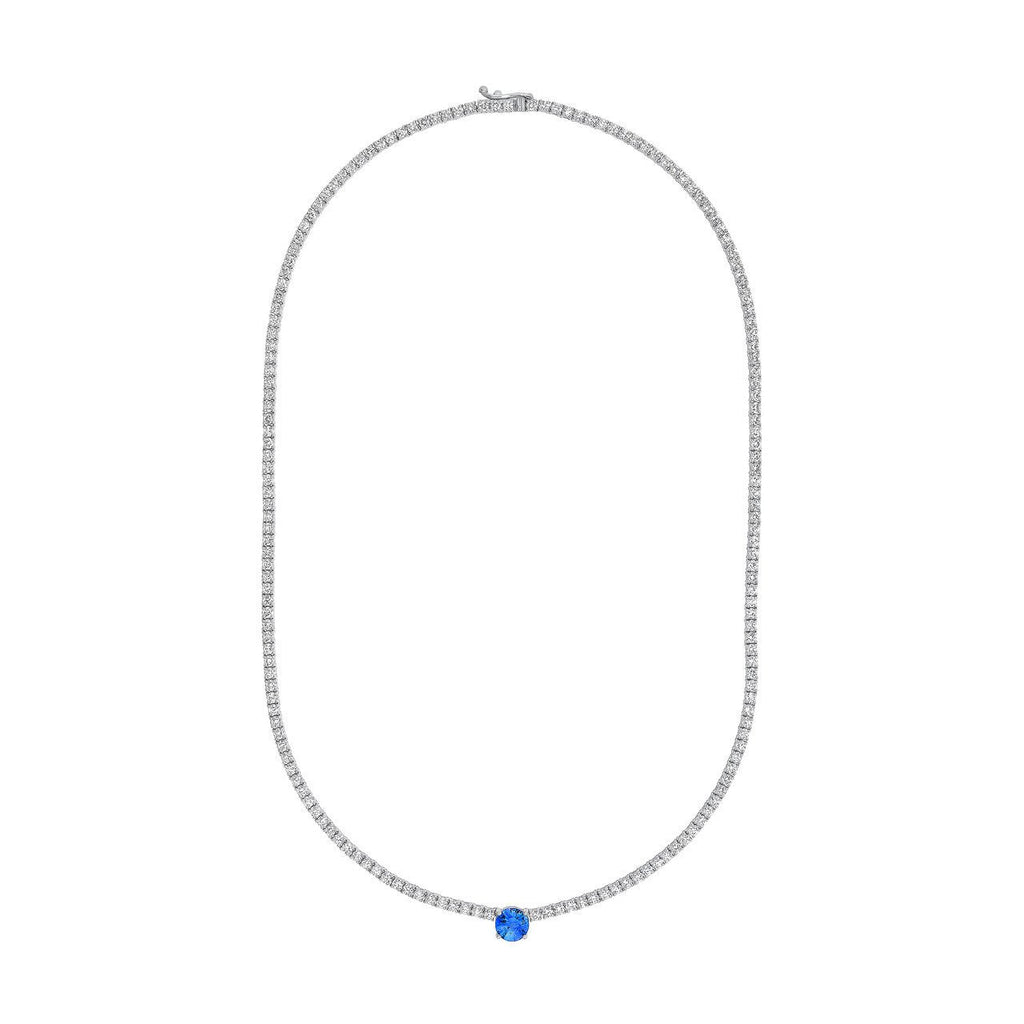 14K Gold Round Sapphire Pendant Diamond Tennis Necklace