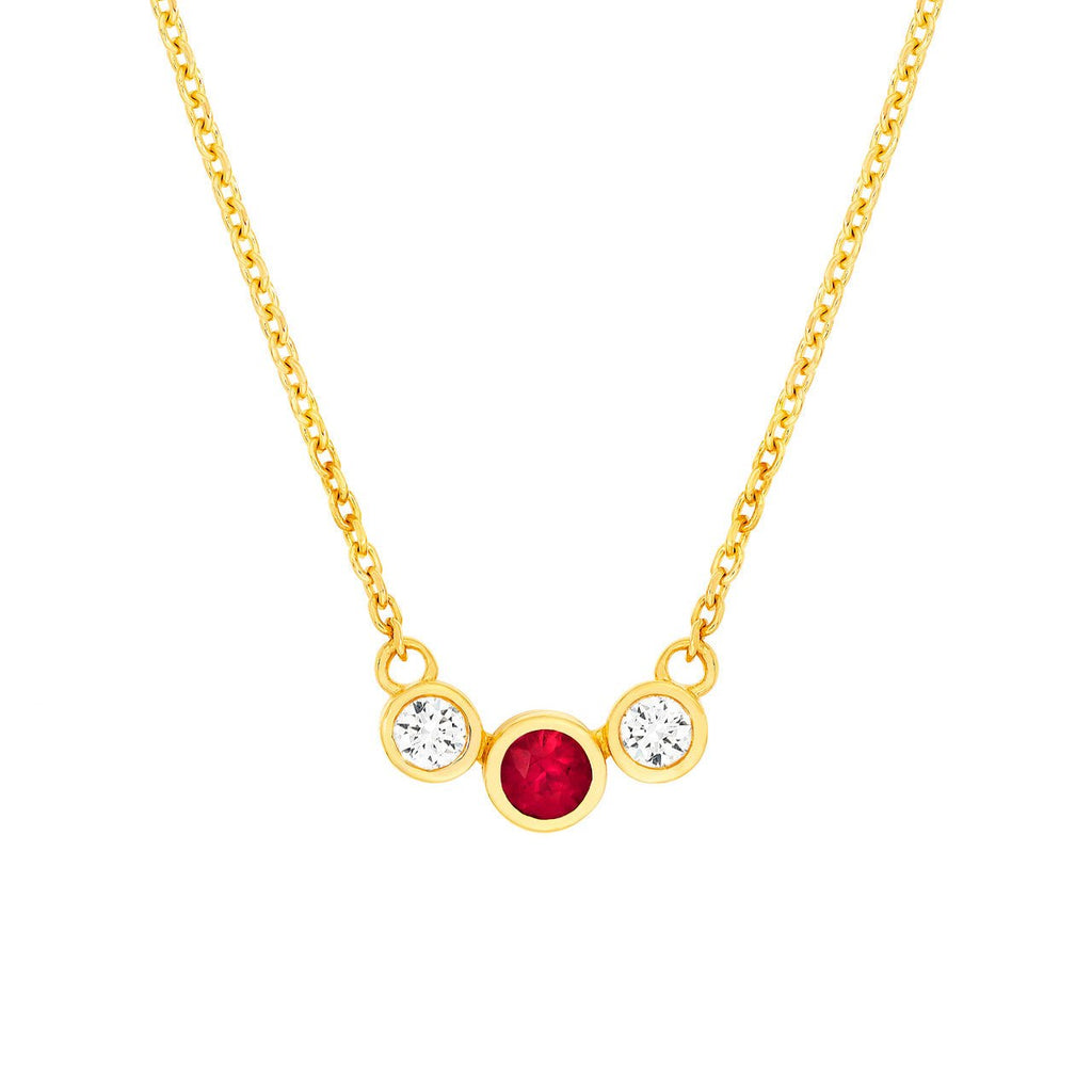 14K Gold Tri Stone Ruby and Diamond Pendant Necklace