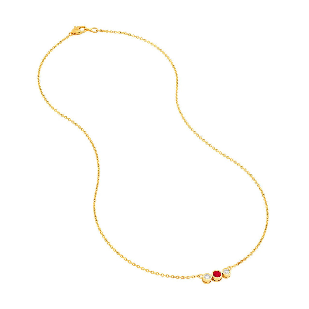 14K Gold Tri Stone Ruby and Diamond Pendant Necklace