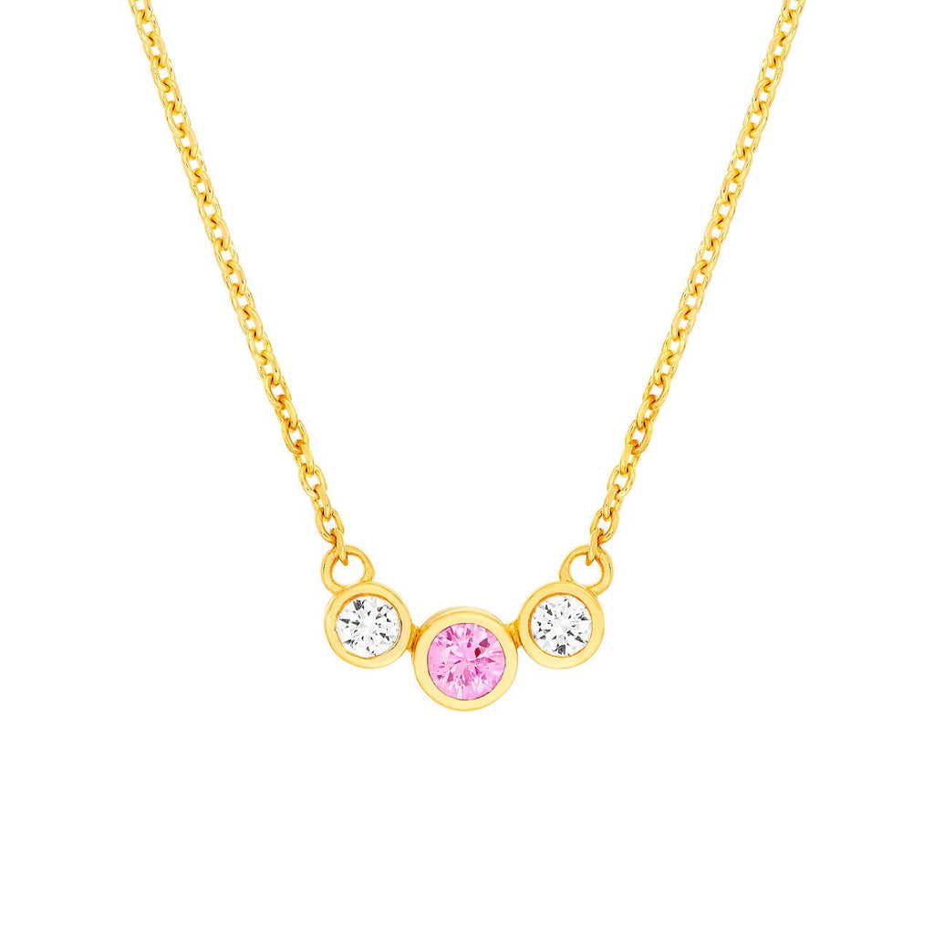 14K Gold Tri Stone Pink Sapphire and Diamond Pendant Necklace