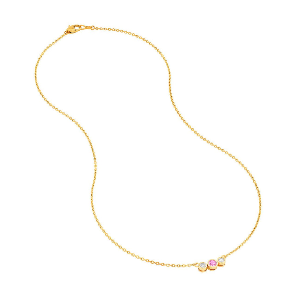 14K Gold Tri Stone Pink Sapphire and Diamond Pendant Necklace