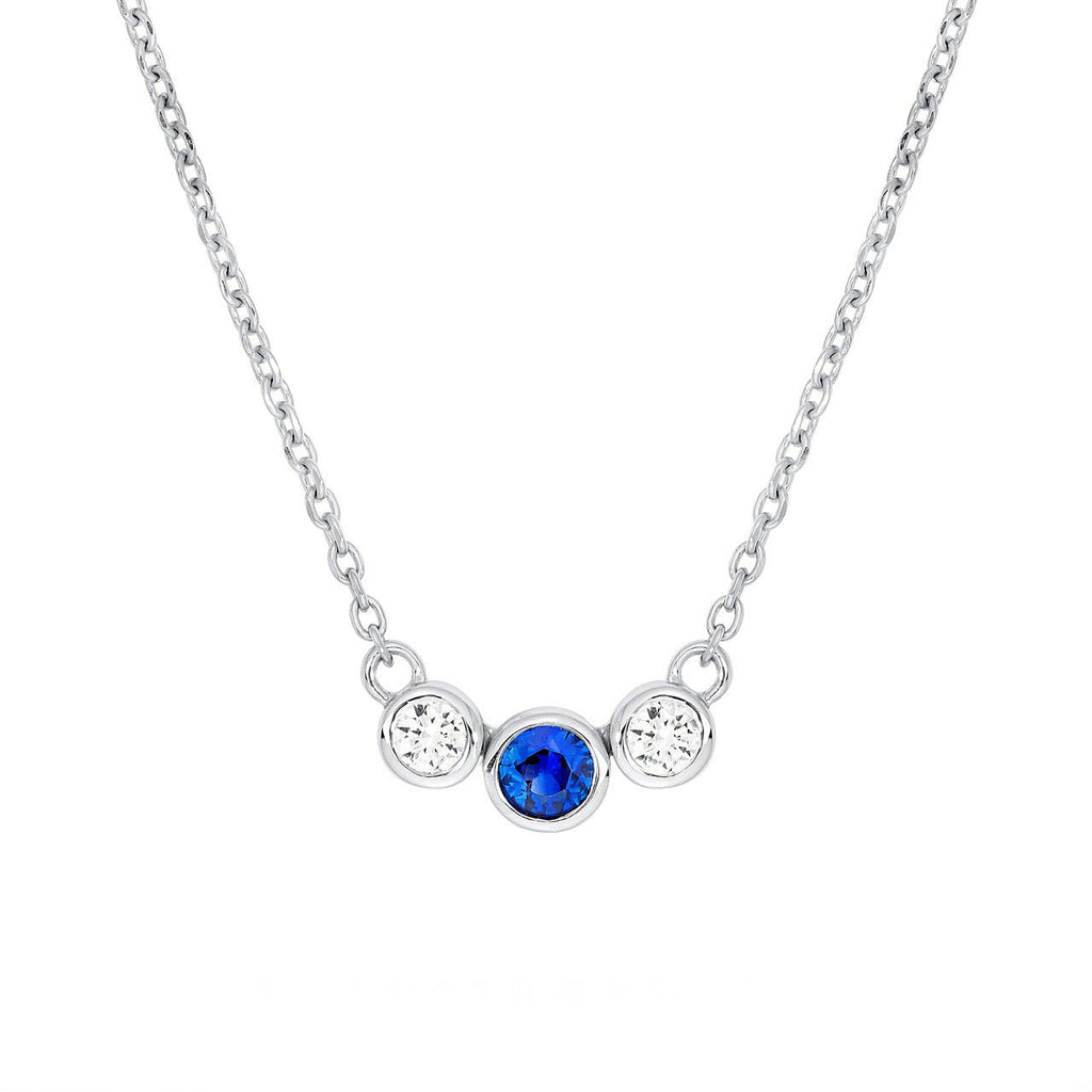 14K Gold Tri Stone Sapphire and Diamond Pendant Necklace