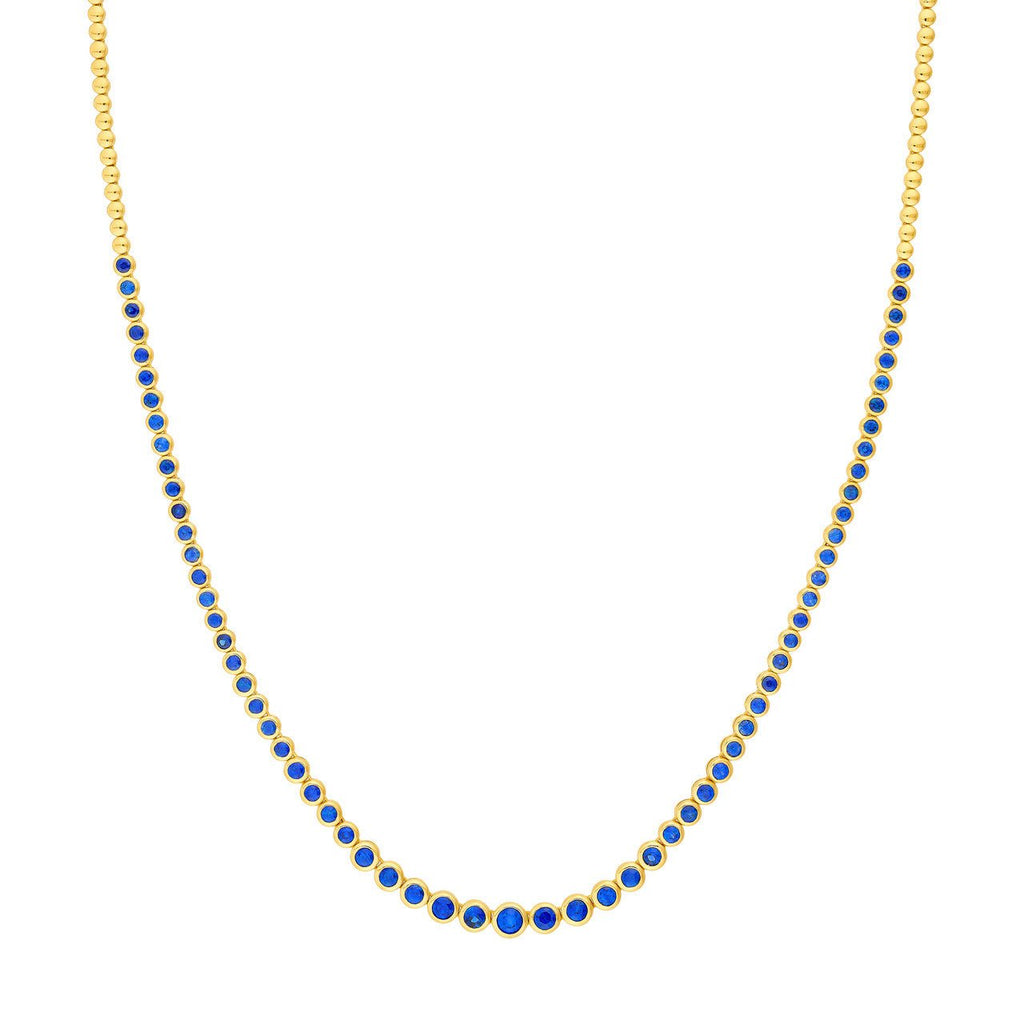 14K Gold Blue Sapphire Graduated Tennis Round Bezel Necklace