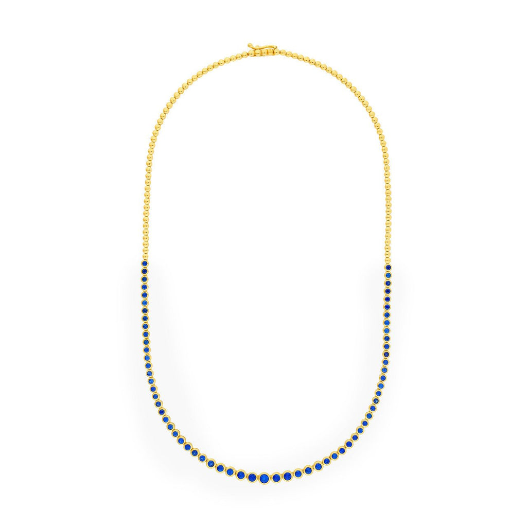 14K Gold Blue Sapphire Graduated Tennis Round Bezel Necklace
