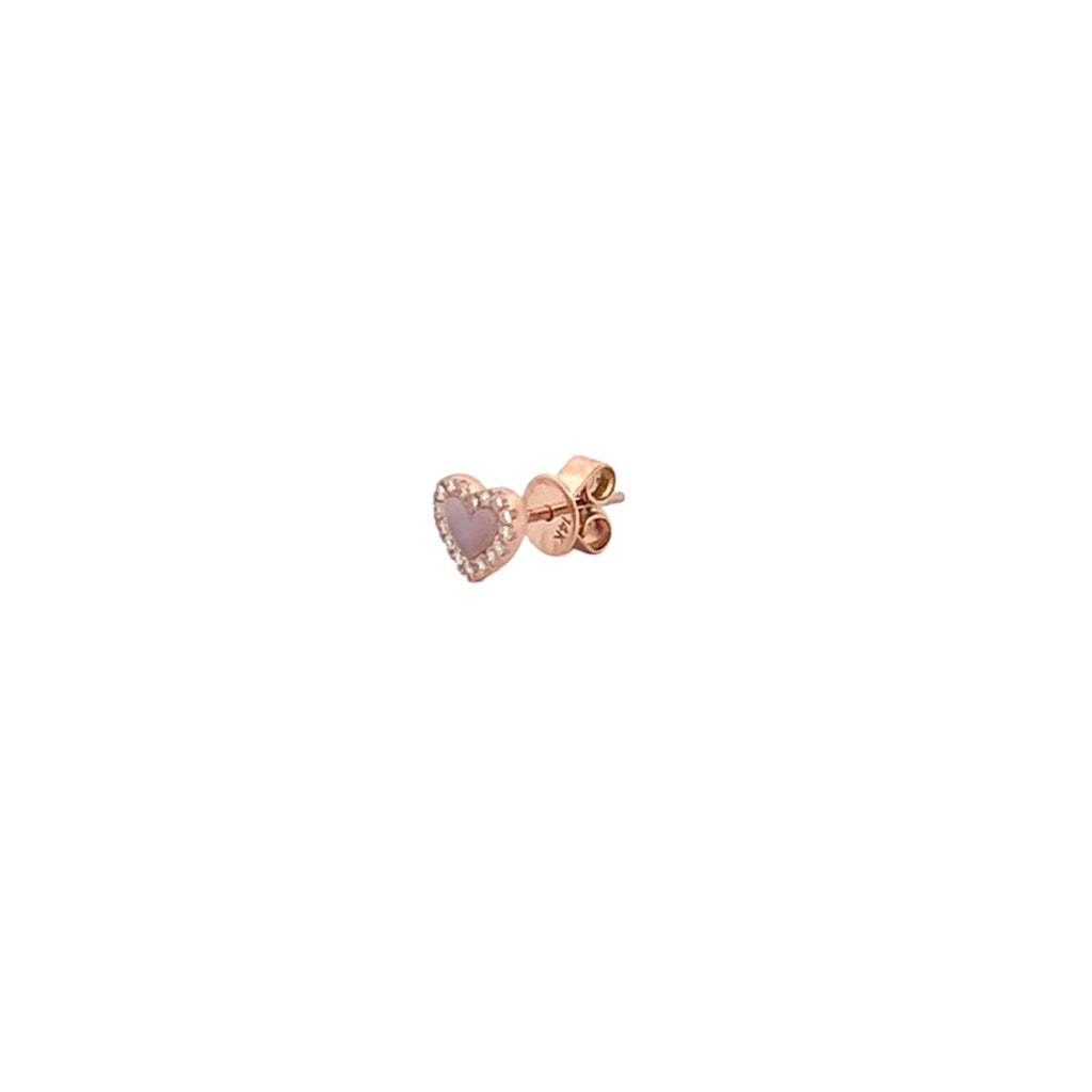 14K Gold Pink Mother of Pearl Heart Diamond Stud Earrings