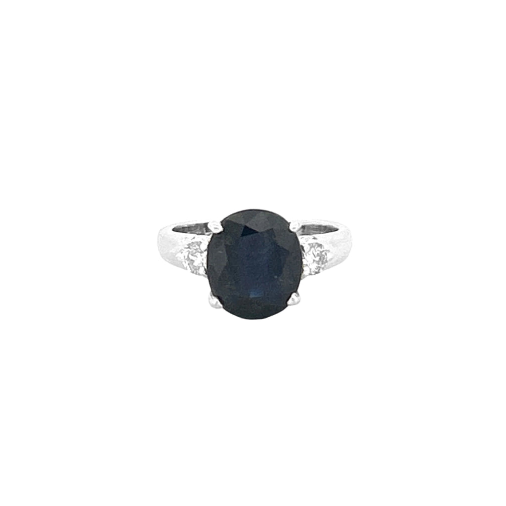 14K Gold Three Stone Oval Sapphire and Diamond Basket Set Ring