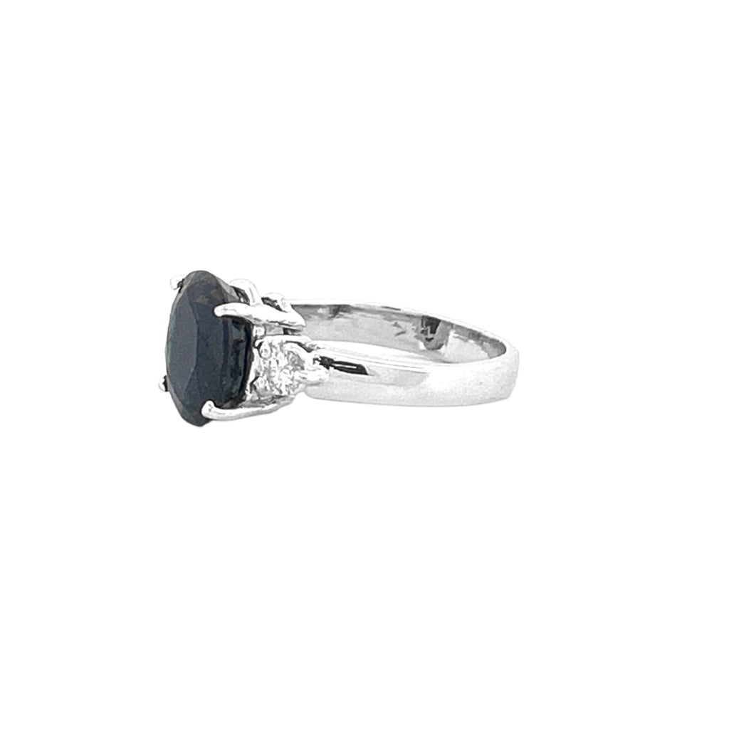 14K Gold Three Stone Oval Sapphire and Diamond Basket Set Ring