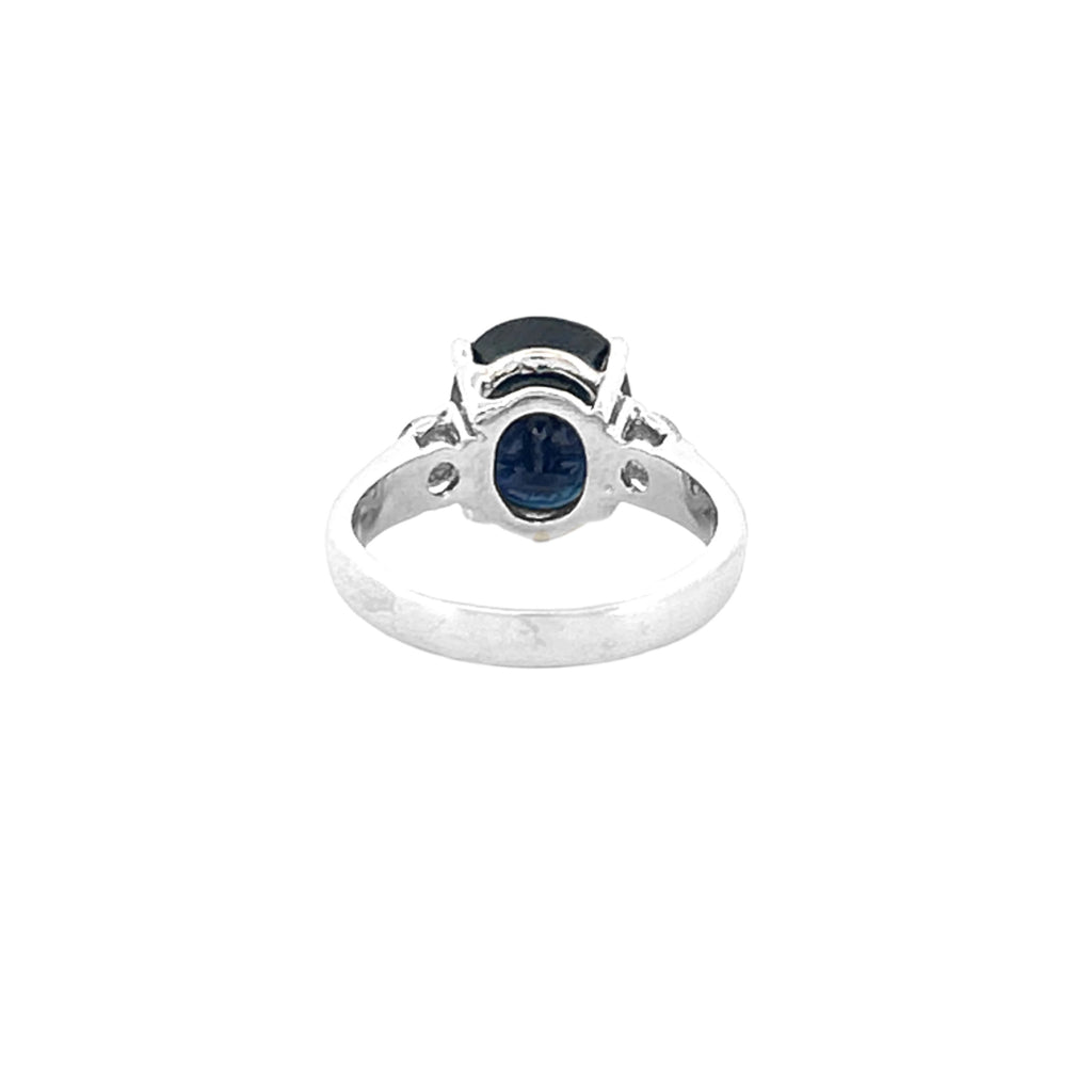 14K Gold Three Stone Oval Sapphire and Diamond Basket Set Ring