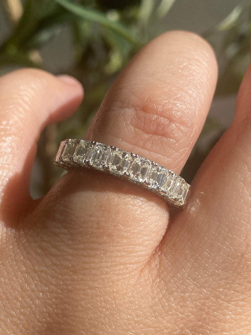 14K White Gold 4MM Emerald Cut Diamond Low U Prong Wedding Band