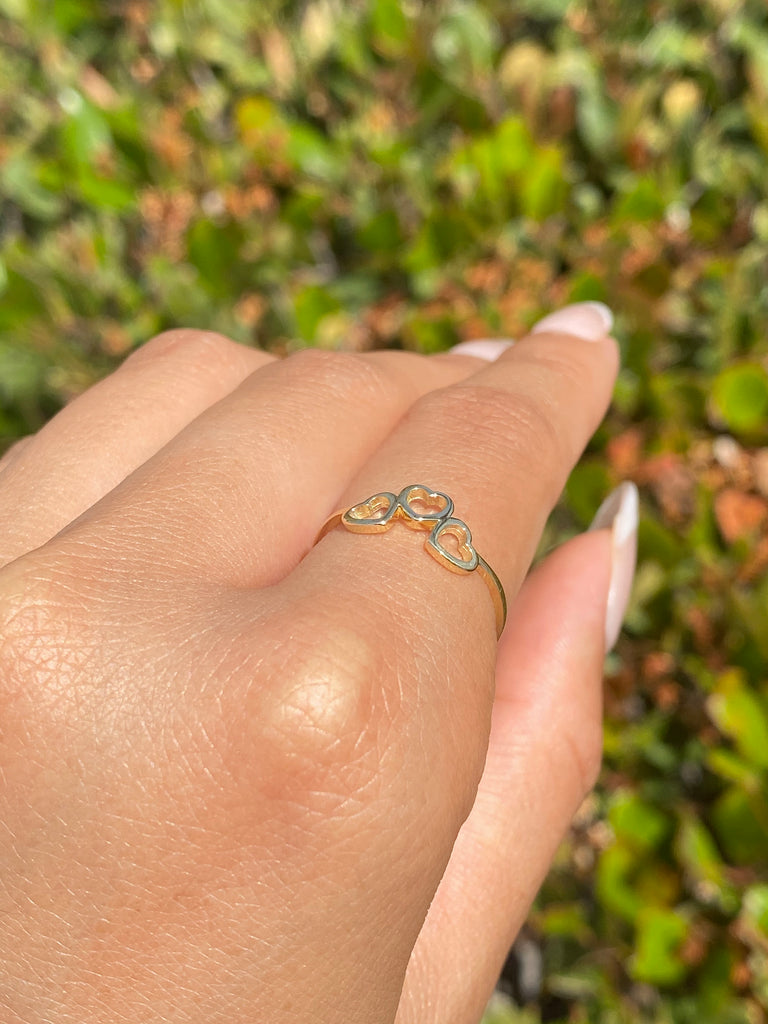 14K Gold Tri Hollow Heart Band
