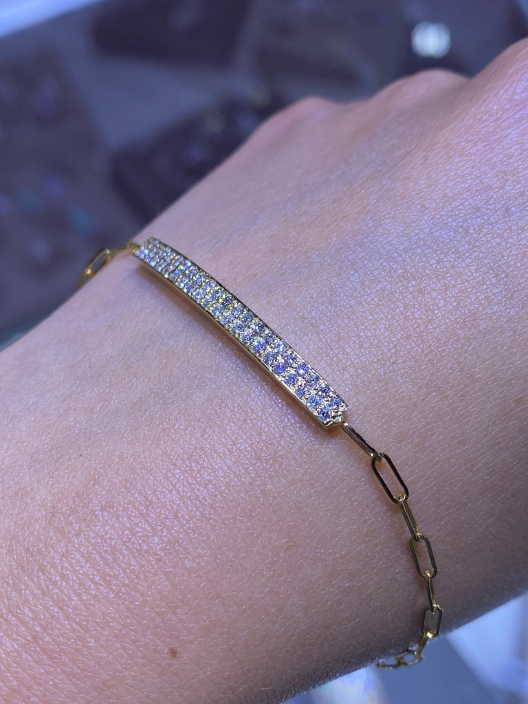 14K Gold Two Row Bar Diamond Paper Clip Bracelet