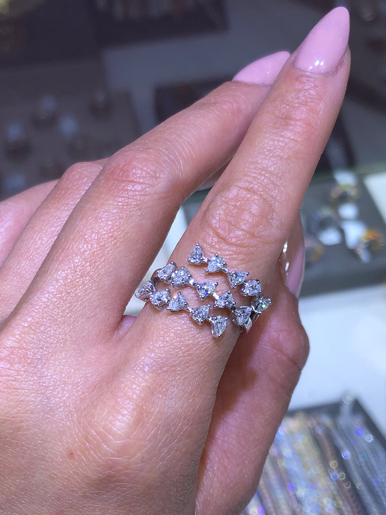 14K Gold Three Row Pear Cluster Diamond Band